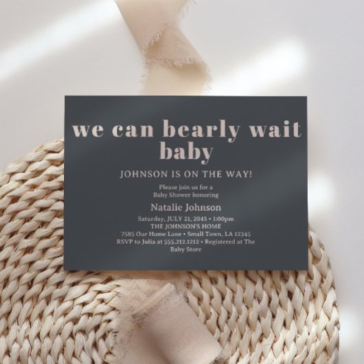 Pink Gray Boho Typografie Bearly Wait Baby Shooter Einladung