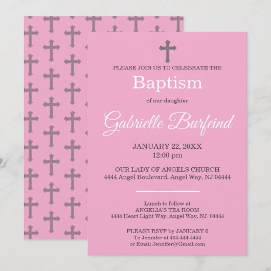 Pink & Gray Cross Watercolor Baptism Einladung (Vorne/Hinten)