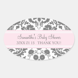 Pink Gray Damask Baby Dusche Pflegeaufkleber Ovaler Aufkleber