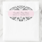 Pink Gray Damask Baby Dusche Pflegeaufkleber Ovaler Aufkleber (Tasche)