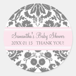 Pink Gray Damask Baby Dusche Pflegeaufkleber Runder Aufkleber