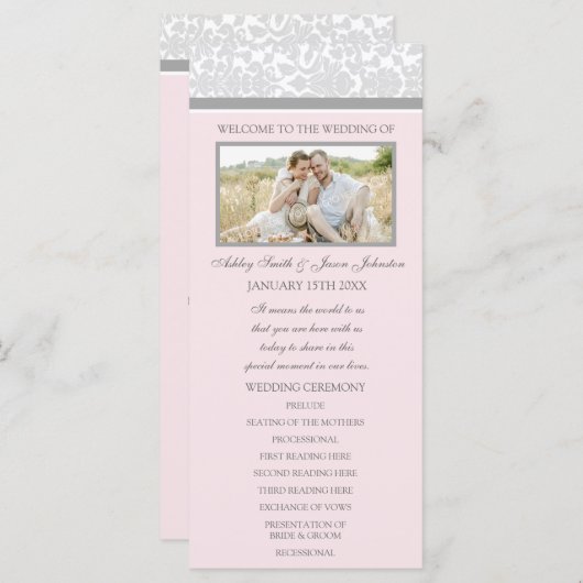 Pink Gray Damask Foto Hochzeitsprogramm Programm (Vorne/Hinten)