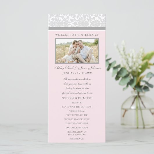 Pink Gray Damask Foto Hochzeitsprogramm Programm (Stehend Vorderseite)