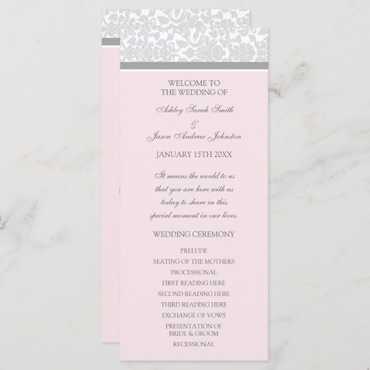 Pink Gray Damask Hochzeitsprogramm Programm (Vorne/Hinten)