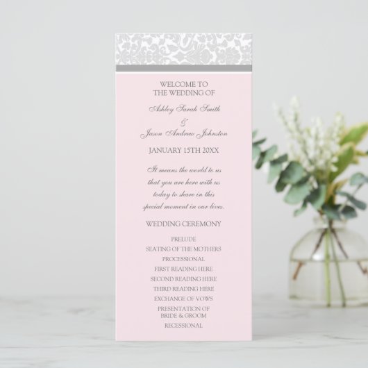 Pink Gray Damask Hochzeitsprogramm Programm (Stehend Vorderseite)
