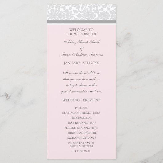 Pink Gray Damask Hochzeitsprogramm Programm (Vorderseite)