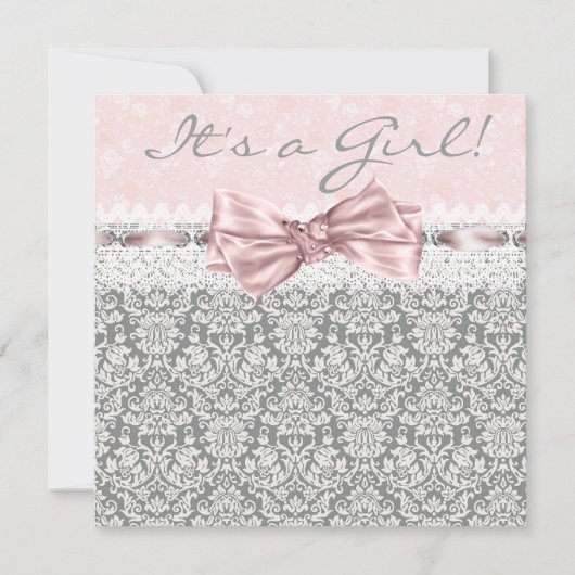 Pink Gray Damask Pink Gray Baby Girl Dusche Einladung (Vorderseite)