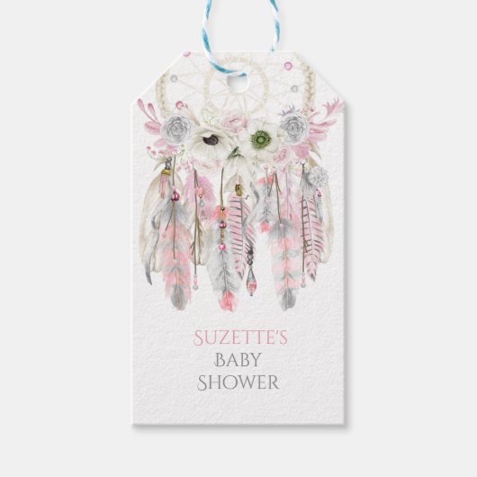 Pink Gray Dream Arrow Feathers Ribbbons Geschenkanhänger (Vorderseite)