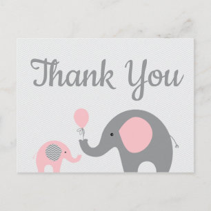 Pink Gray Elephant Baby Dusche Danke Postcard Postkarte