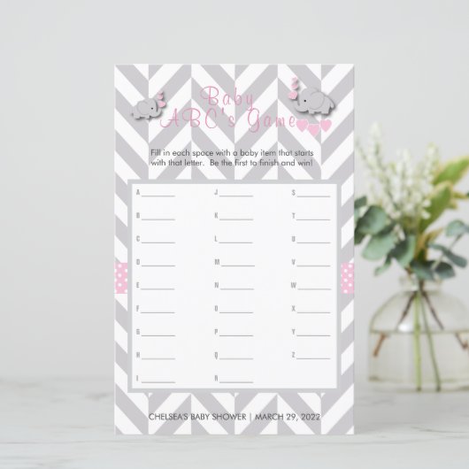 Pink & Gray Elephant Baby Shower - ABCs Spiel (Stehend Vorderseite)