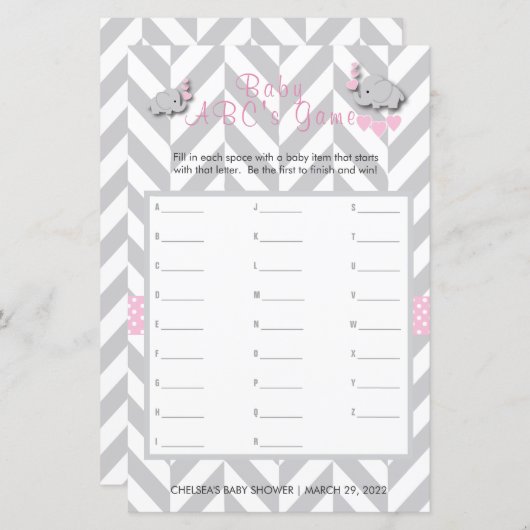 Pink & Gray Elephant Baby Shower - ABCs Spiel (Vorne/Hinten)