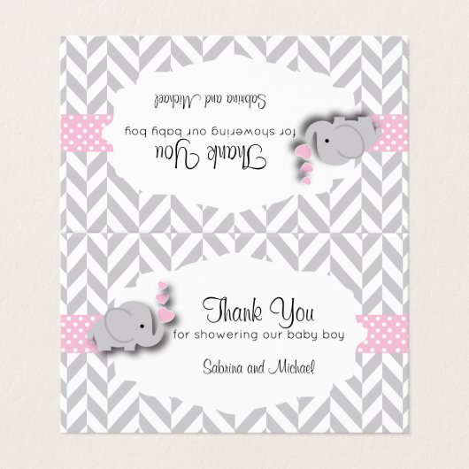 Pink & Gray Elephant Babydusche | Candy Toppers Visitenkarten (Außenseite Aufgefaltet)