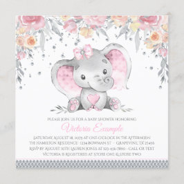 Pink Gray Elephant Diamond Floral Baby Dusche Einladung