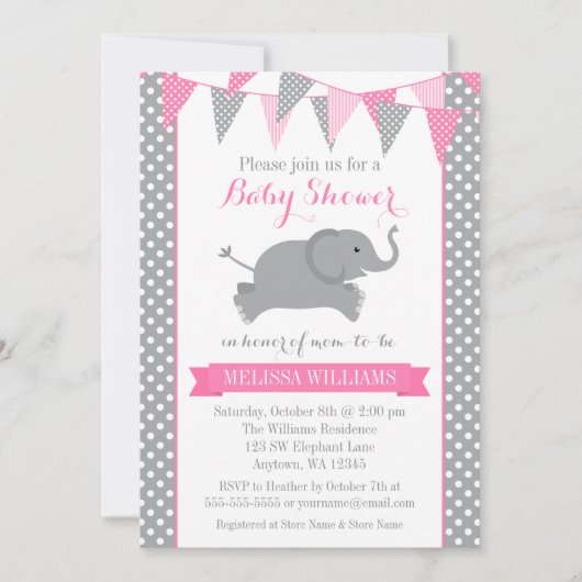 Pink Gray Elephant Polka Dot Bunting Baby Showroom Einladung (Vorderseite)
