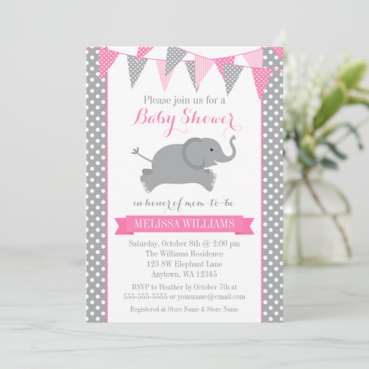 Pink Gray Elephant Polka Dot Bunting Baby Showroom Einladung (Stehend Vorderseite)
