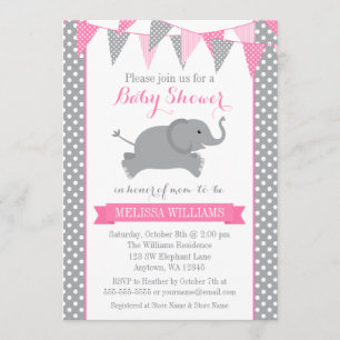 Pink Gray Elephant Polka Dot Bunting Baby Showroom Einladung