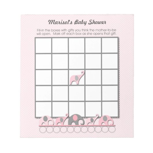Pink Gray Elephants Baby Dusche Bingo Game Pad Notizblock (Vorderseite)