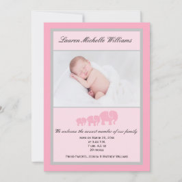 Pink Gray Elephants Baby Girl Foto Birth Ankündigung
