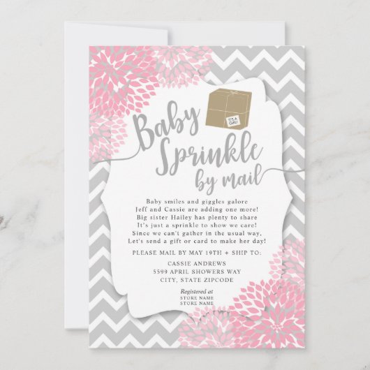Pink Gray Floral Baby Sprinkle per Post Einladung (Vorderseite)