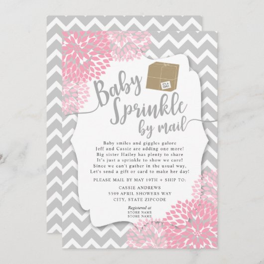 Pink Gray Floral Baby Sprinkle per Post Einladung (Vorne/Hinten)