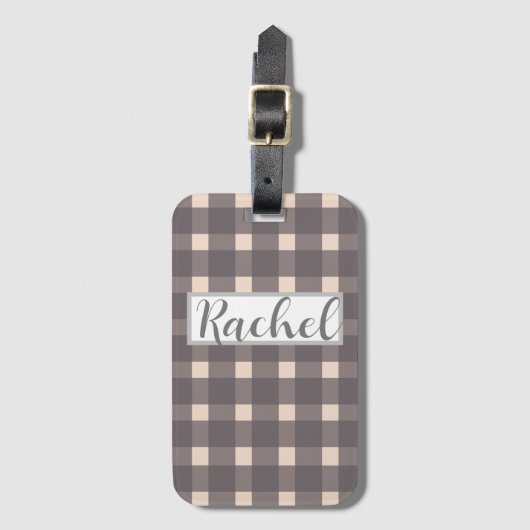 Pink Gray Gingham Personalisiert Gepäckanhänger (Vorderseite Vertikal)