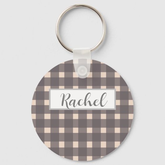 Pink Gray Gingham Personalisiert Schlüsselanhänger (Vorderseite)