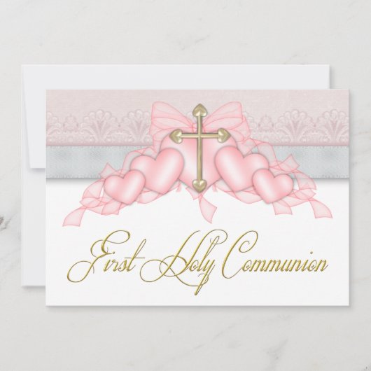 Pink Gray Gold Cross Girls Pink First Communion Einladung (Vorderseite)