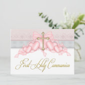 Pink Gray Gold Cross Girls Pink First Communion Einladung (Stehend Vorderseite)