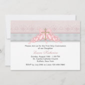Pink Gray Gold Cross Girls Pink First Communion Einladung (Rückseite)