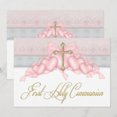 Pink Gray Gold Cross Girls Pink First Communion Einladung (Vorne/Hinten)