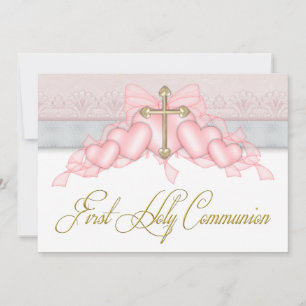 Pink Gray Gold Cross Girls Pink First Communion Einladung