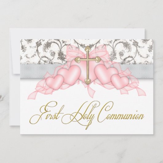 Pink Gray Gold Cross Girls Pink First Communion Einladung (Vorderseite)
