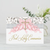 Pink Gray Gold Cross Girls Pink First Communion Einladung (Stehend Vorderseite)