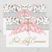 Pink Gray Gold Cross Girls Pink First Communion Einladung (Vorne/Hinten)