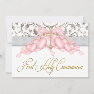 Pink Gray Gold Cross Girls Pink First Communion Einladung