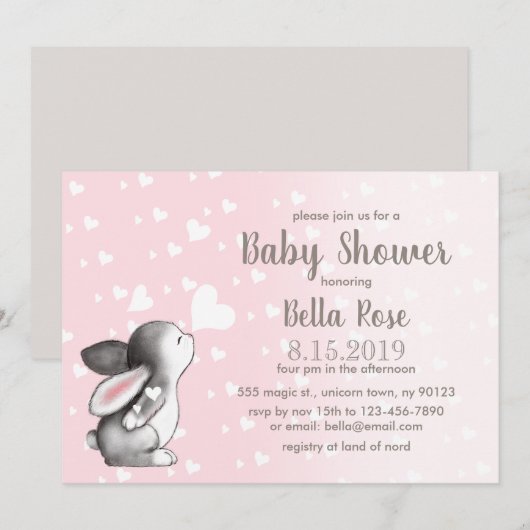Pink Gray Hearts Bunny Baby Shower Einladungen (Vorne/Hinten)