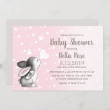 Pink Gray Hearts Bunny Baby Shower Einladungen