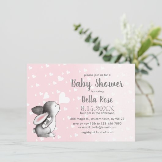 Pink Gray Hearts Bunny Girl Baby Dusche Einladung (Stehend Vorderseite)