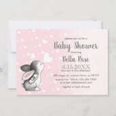 Pink Gray Hearts Bunny Girl Baby Dusche Einladung (Vorderseite)