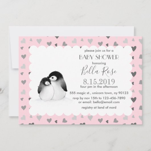 Pink Gray Hearts Pinguins Baby Dusche Einladungen (Vorderseite)