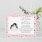 Pink Gray Hearts Pinguins Baby Dusche Einladungen (Stehend Vorderseite)