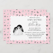 Pink Gray Hearts Pinguins Baby Dusche Einladungen (Vorne/Hinten)