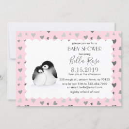 Pink Gray Hearts Pinguins Baby Dusche Einladungen