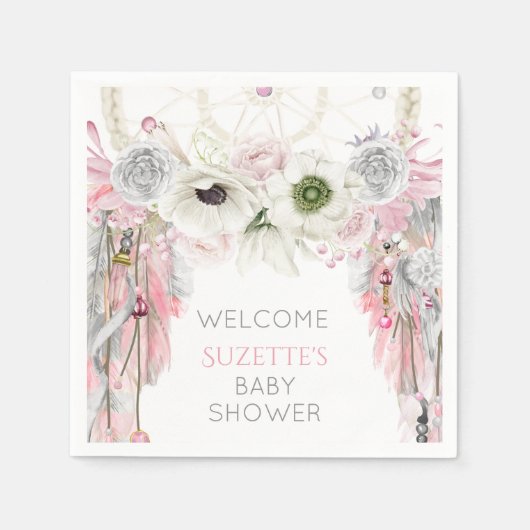 Pink Gray Ivory Dream Catcher Feathers Serviette (Vorderseite)