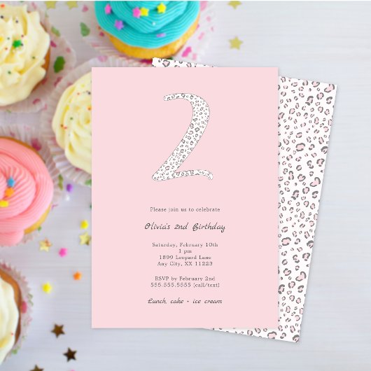 Pink Gray Leopard 2. Geburtstag Einladung