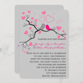 Pink, Gray Lovebirds & Hearts Wedding Einladung (Vorne/Hinten)