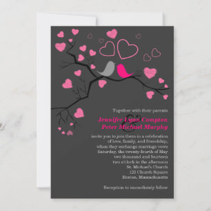Pink, Gray Lovebirds & Hearts Wedding Einladung