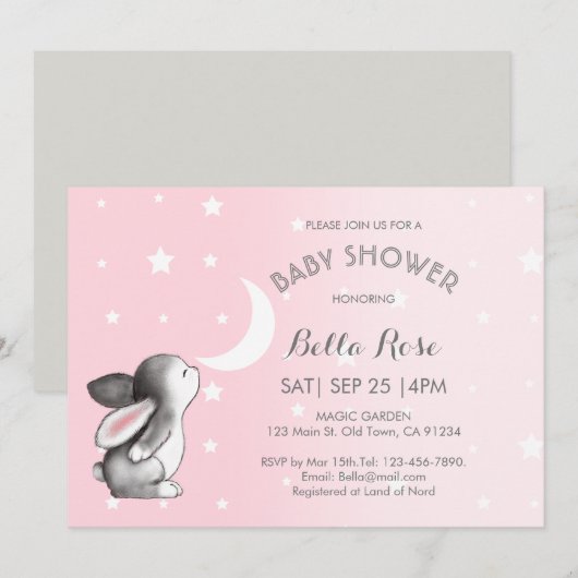 Pink Gray Moon Stars Bunny Baby Shower Einladungen (Vorne/Hinten)