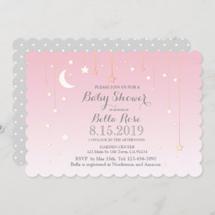 Pink Gray Moon Stars Girl Babydusche Einladung