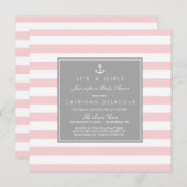 Pink Gray Nautical Stripes Kinderdusche Einladung (Vorne/Hinten)